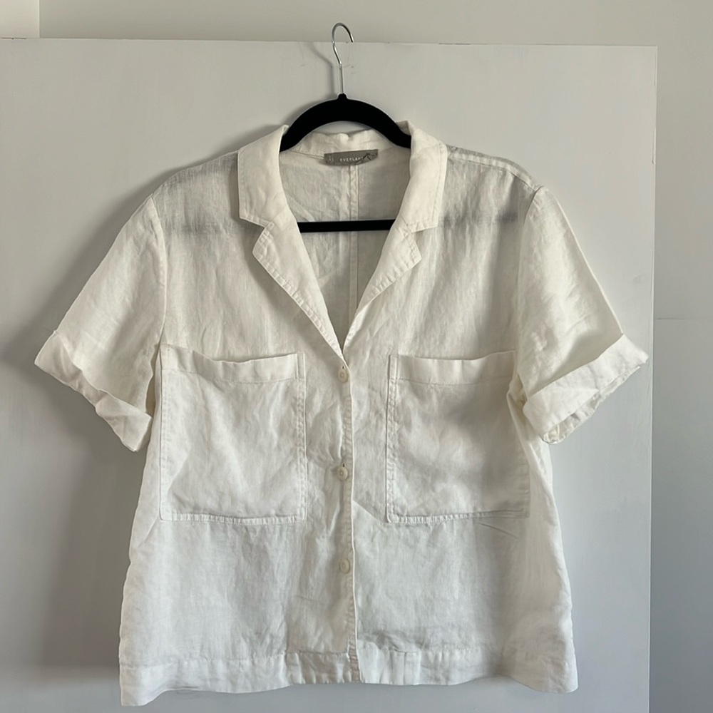 Everlane 100% linen button up short sleeve top | white | size M